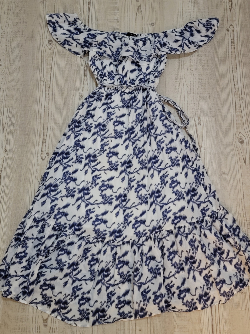Grace Elements White and Blue Off-Shoulder Midi Dress XS Coastal Resort Vacation